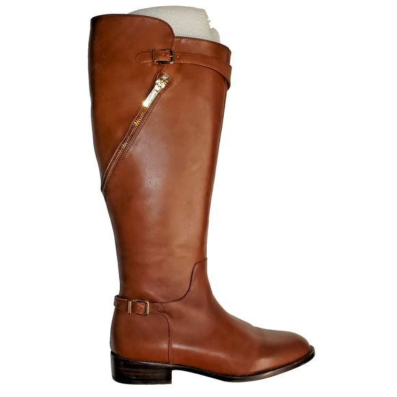 Gianni Bini Brownish Red Leather Boots Gold Zipper Buckle Accents 8M Low Heel - Picture 2 of 7